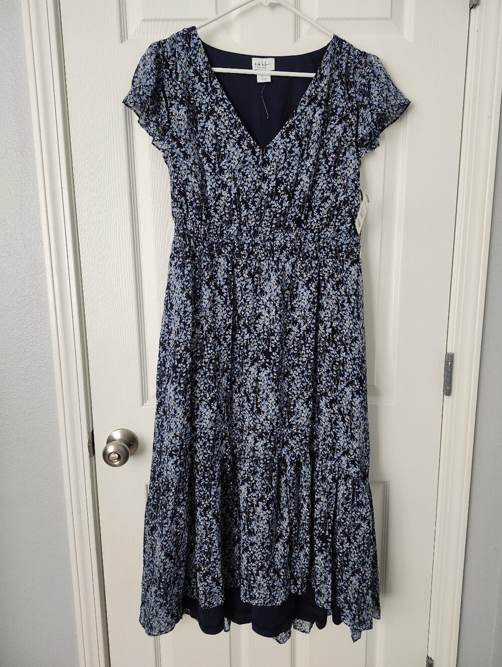 Navy Floral V-Neck Midi Dress with Smocked Waist